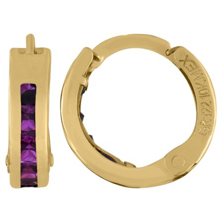 10kt Real Yellow Gold Womens Princess-Cut Purple Cubic Zirconia Huggie Hoop Earrings