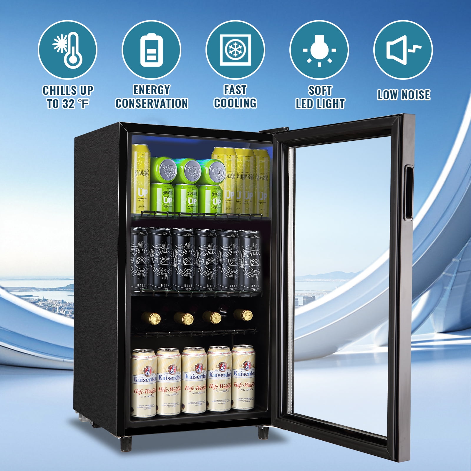 WANAI Beverage Refrigerator Cooler 3.5 Cu.ft Beer Fridge with Glass Door LED Light Adjustable Shelf