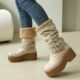 thumbnail image 4 of Women's Platform Mid Calf Boots Buckle Strap Fleece Lined Fold Over Boots Wide Toe Box Slip On Knee High Booties White 8.5, 4 of 8