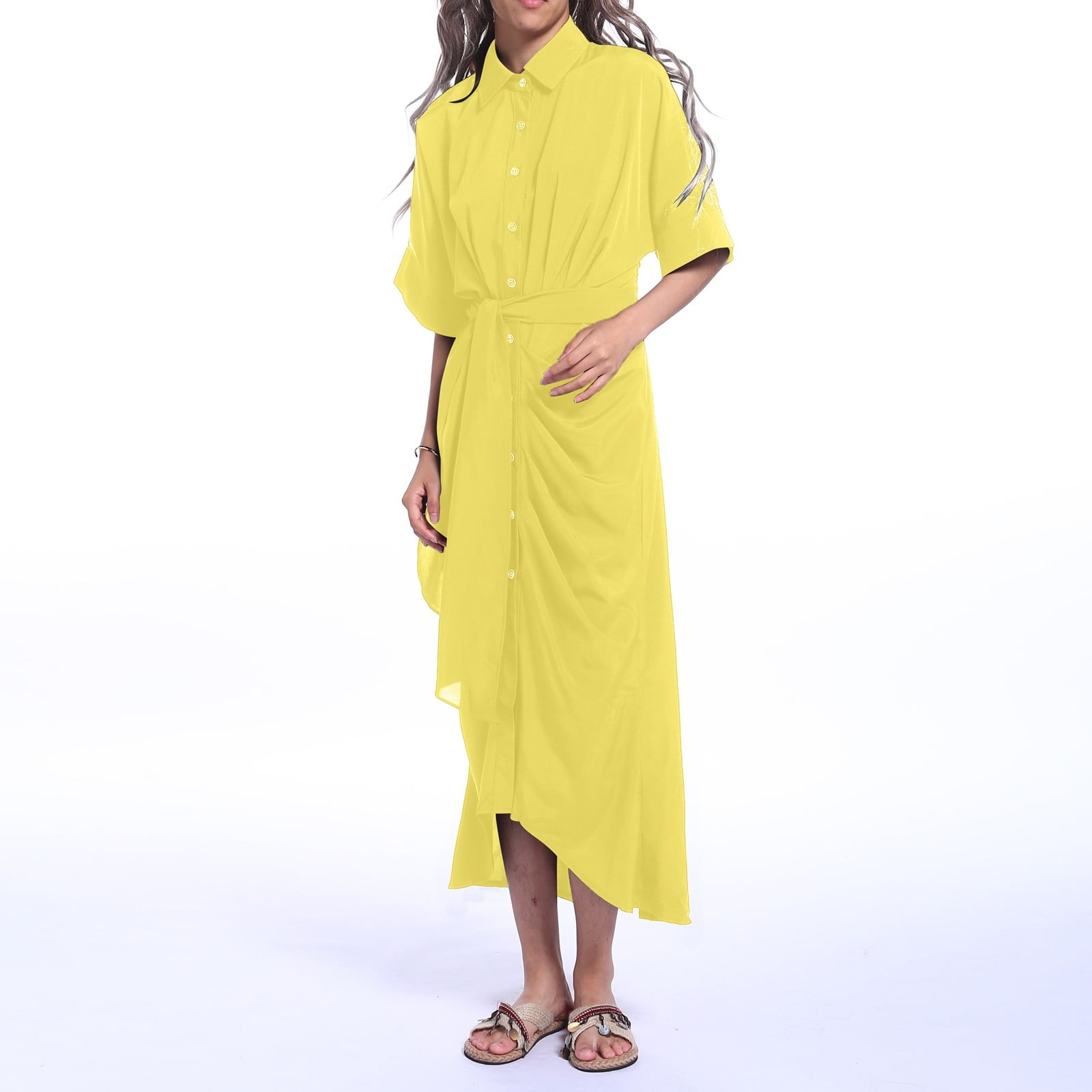 Jamsmile Women Shirt Dress Summer Casual Button Down Solid Color Short Sleeve Belted Shirts Dress Elegant Loose Midi Dress Clothes