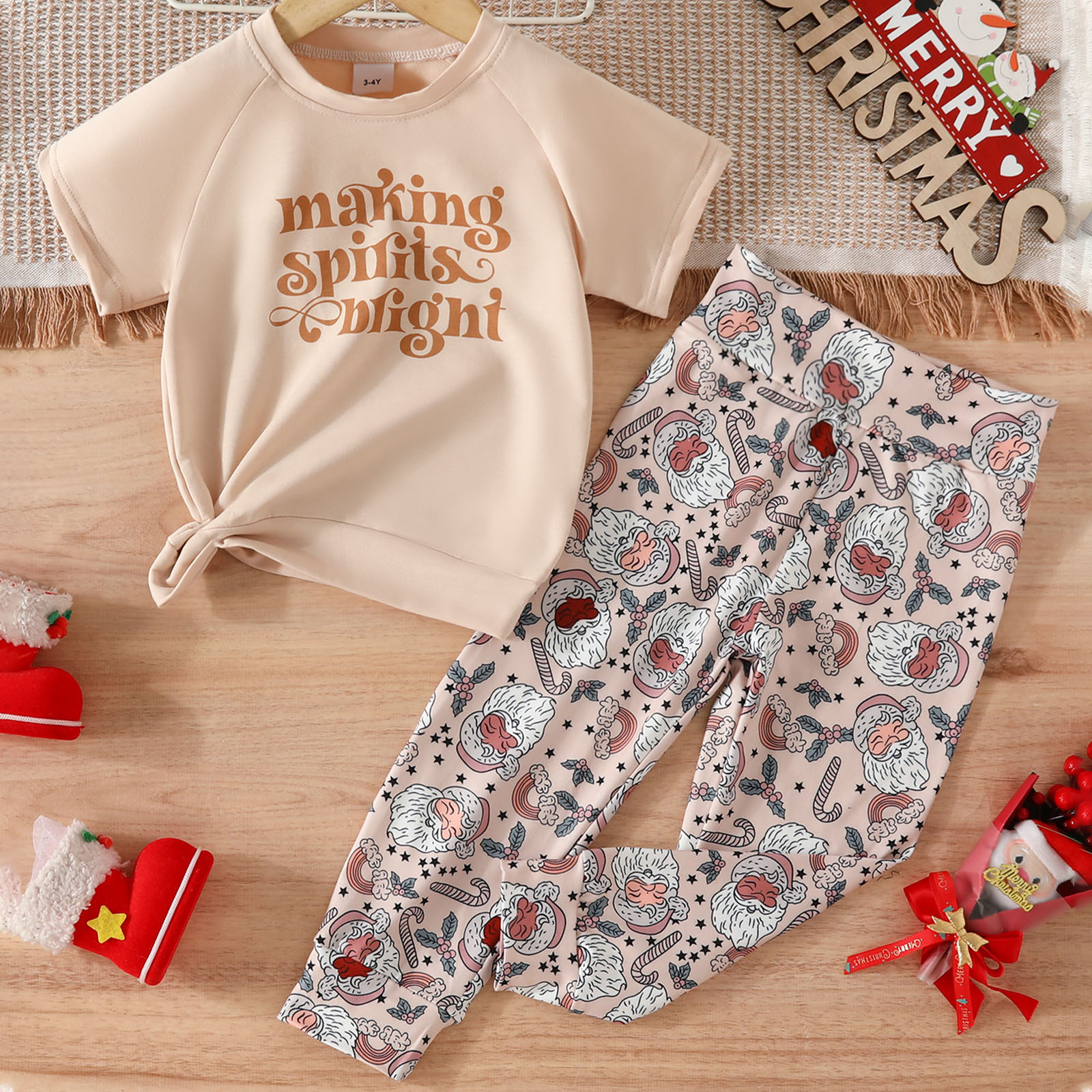 GXFC Little Girl Christmas Holiday Party Outfits Clothes 3T 4T 5T 6T 7T Kids Girls Long Sleeve Letters Print T-shirt+Santa Claus Pants 2Pcs Holiday-themed Clothing for Children Girl