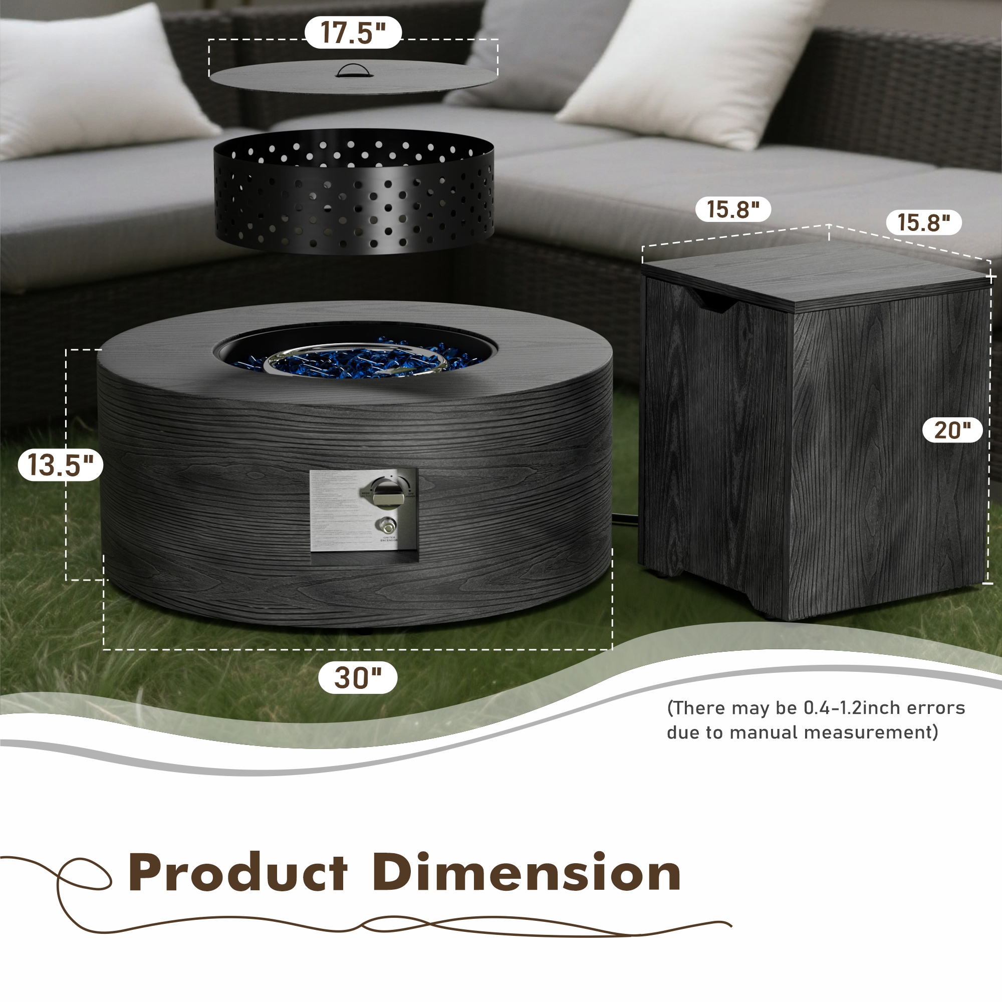 30 in. Round Coating Steel Propane Firepit Table, 50,000 BTU Outdoor Fire Pit Table in Dark Gray Wood Grain