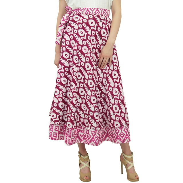 Phagun Jupe Portefeuille Longue Réversible en Coton Imprimé Ikat Rose pour Femme pour l'Été