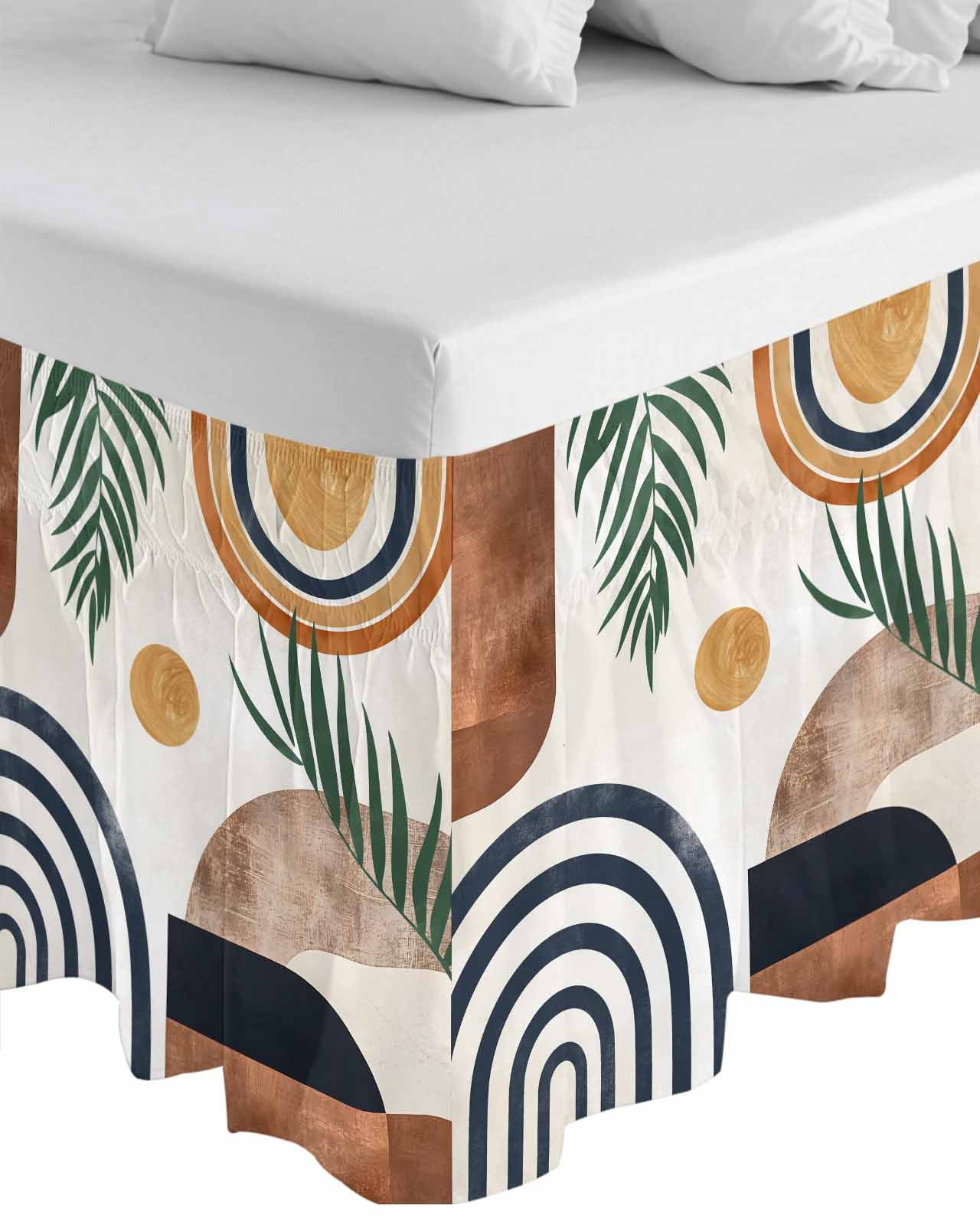 Abstract Boho Bed Skirt Cal King Size, Bohemian Palm Leaf Geometric Leaf Circle Wrap Around Bed Skirting with Adjustable Elastic Strap, Dust Ruffled Pleated Bedskirts 18 Inch Drop for Bedroom Beds