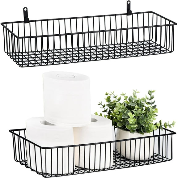 Wetheny Farmhouse Décor Metal Wire Organizer Storage Basket Bin (2 Pack)-Toilet Paper Storage-Organization and Storage for Bedroom, Bathroom, Kitchen Cabinets, Pantry, Laundry Room, Closets (Black)