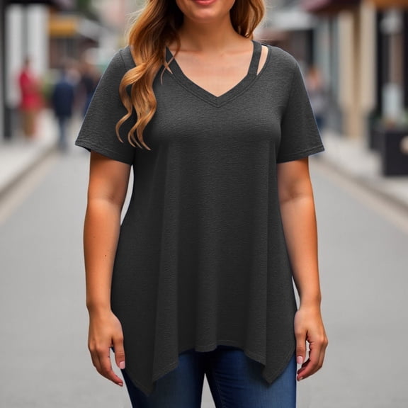 TYGHBN Women Plus Size Tops Cut Out V Neck 3/4 Sleeve Blouses Dressy Casual Tunic Tops To Wear with Leggings Plain Solid Shirts Women Women's Shirt Long Sleeved Tops Womens Athletic V Neck Shirts