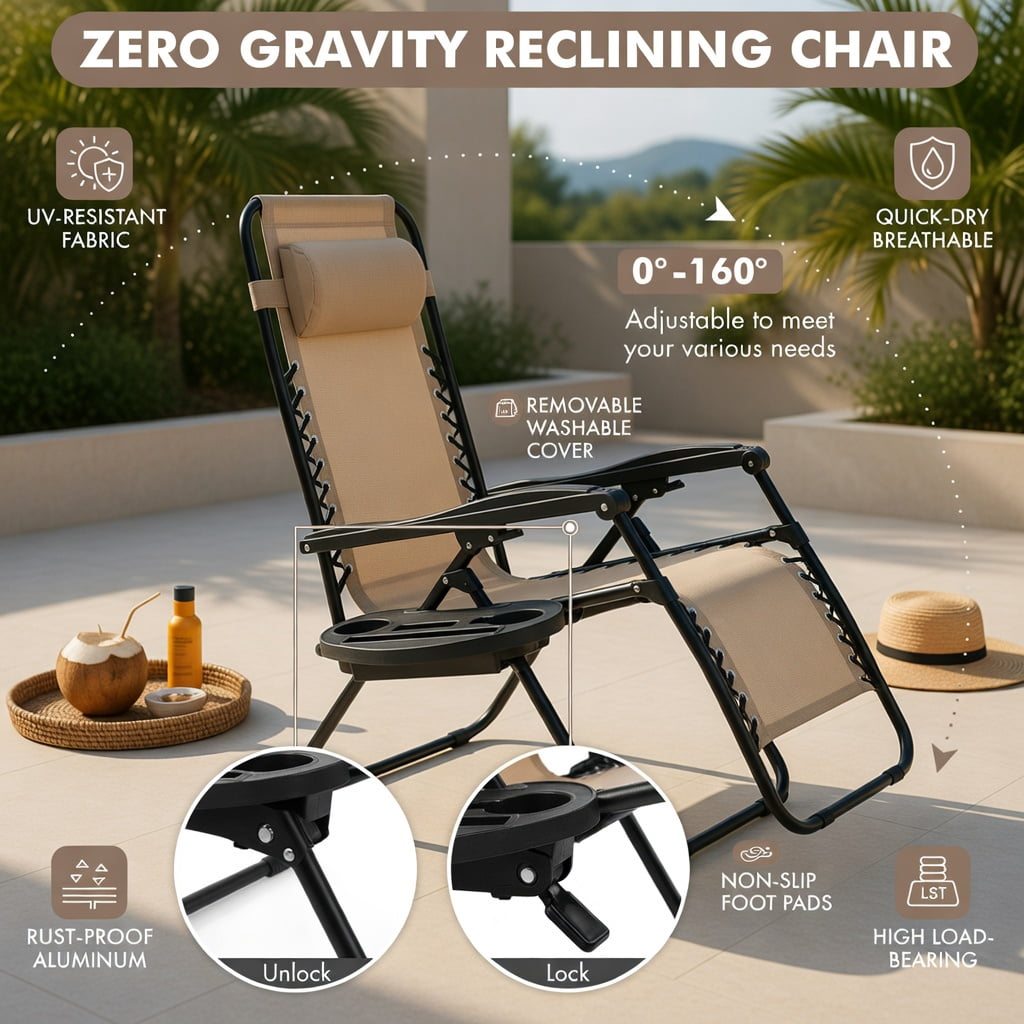 Hommoo Zero Gravity Folding Lounge Chair with Removable Tray, Outdoor Recliner for Back Relief, Beach & Patio, Beige