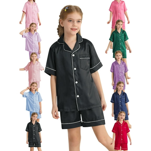 Usaibhir Unisex Satin Pajamas Set Girls Boys Button-Down Pjs Short Sleeve 2 Piece Sleepwear Kids Nightwear Teen Lounge Sets 4-14 Years