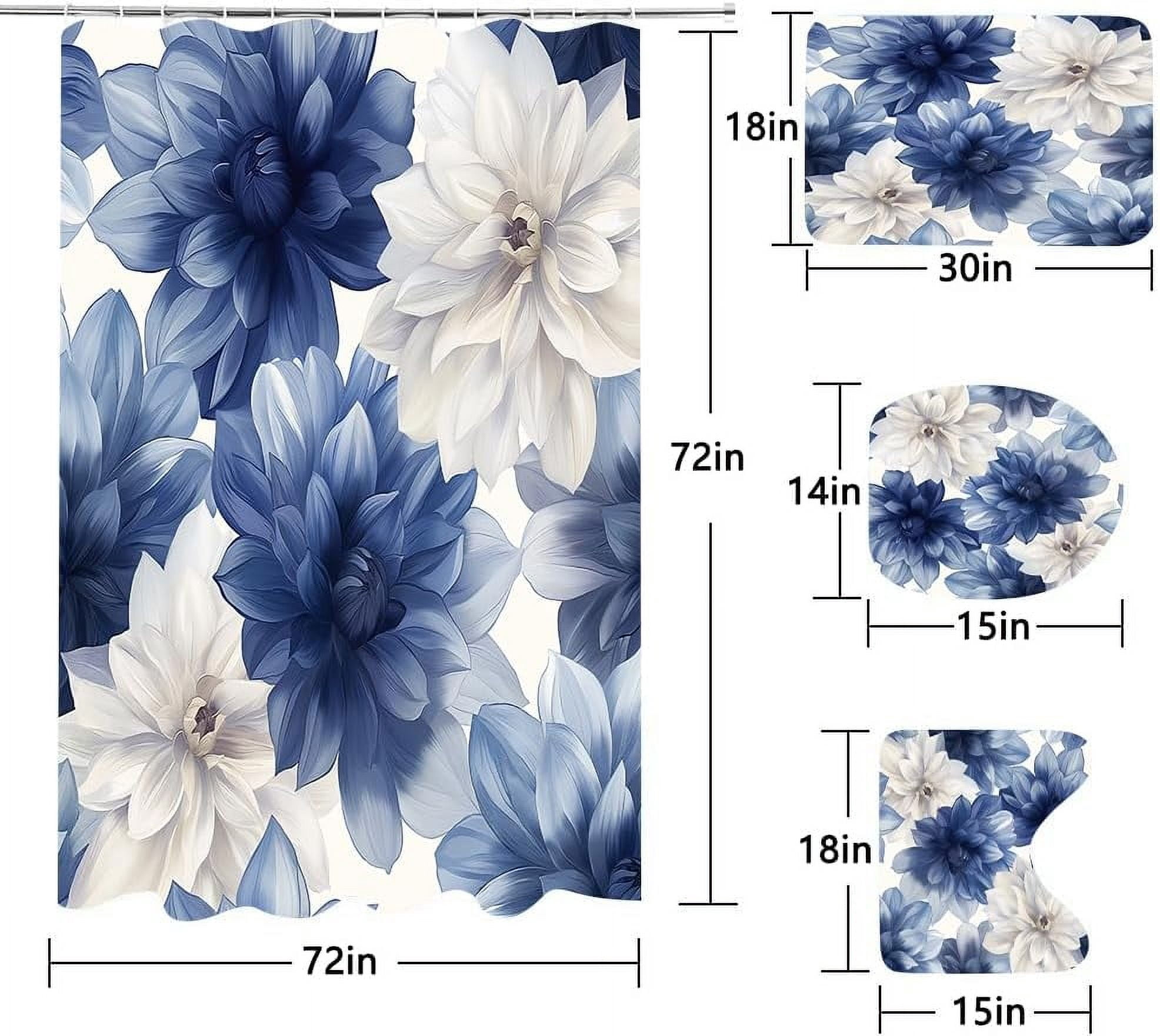 Navy Blue Floral Shower Curtain Set Bathroom Sets with Waterproof Fabric Shower Curtain and Non-Slip Rugs Toilet Lid Cover Bath Mat Decor with Hooks(72x72 Inch)