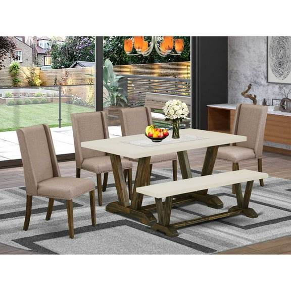 Mid Century Dining Table Set with Linen Seats and Distressed Finish-Color:Dark Khaki,Material:Wood
