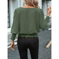 thumbnail image 6 of Women'S 3/4 Sleeve Round Neck Blouses Elastic Waist Hem Smocked Shirts Casual Solid Tops Green XXXL, 6 of 7