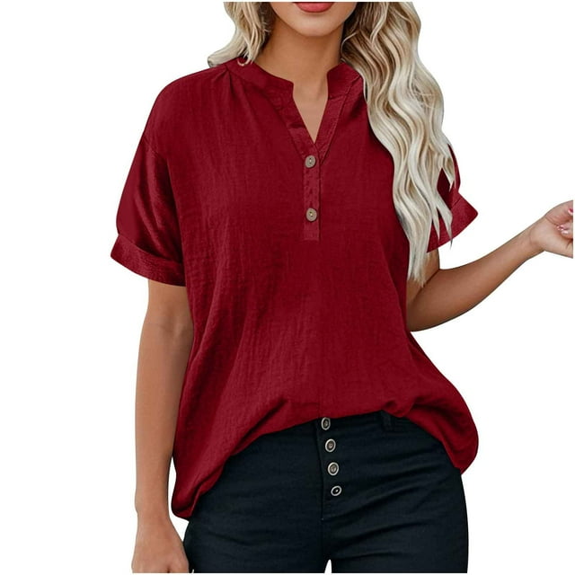 ShomPort Womens Linen Tops Summer Casual Button Down V Neck Tops Short Sleeve Casual Vacation Workout Clothes