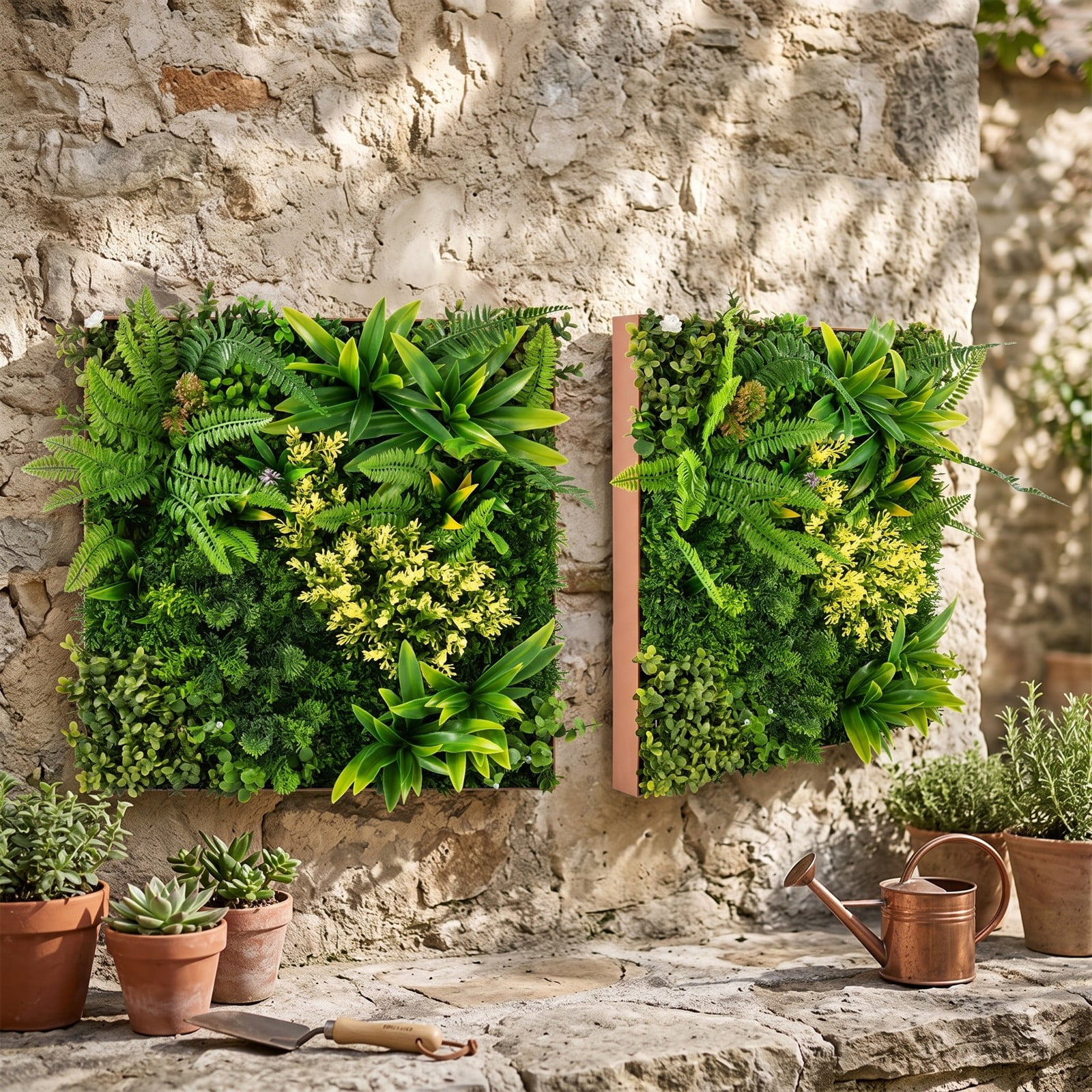 ALPULON 20 x 20 3D Artificial Greenery Hedge Panel with 11 Types of Mixed Faux Plants, UV-Protected PE Grass Wall for Indoor Outdoor Balcony Garden, Green and Brown
