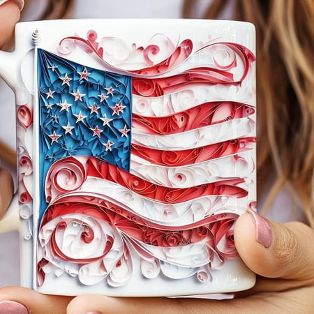 Quilled-look American Flag, Independence Day, Fourth of July, Patriotic Coffee Cup, USA Red White Blue Tea Mug, Veteran Gift, Morning Coffee