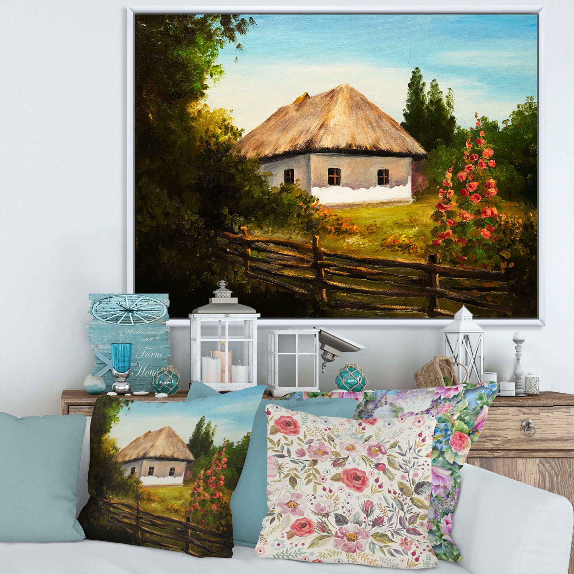 House With Blossoming Flowers On The Mountain II 20 in x 12 in Framed Painting Canvas Art Print, by Designart