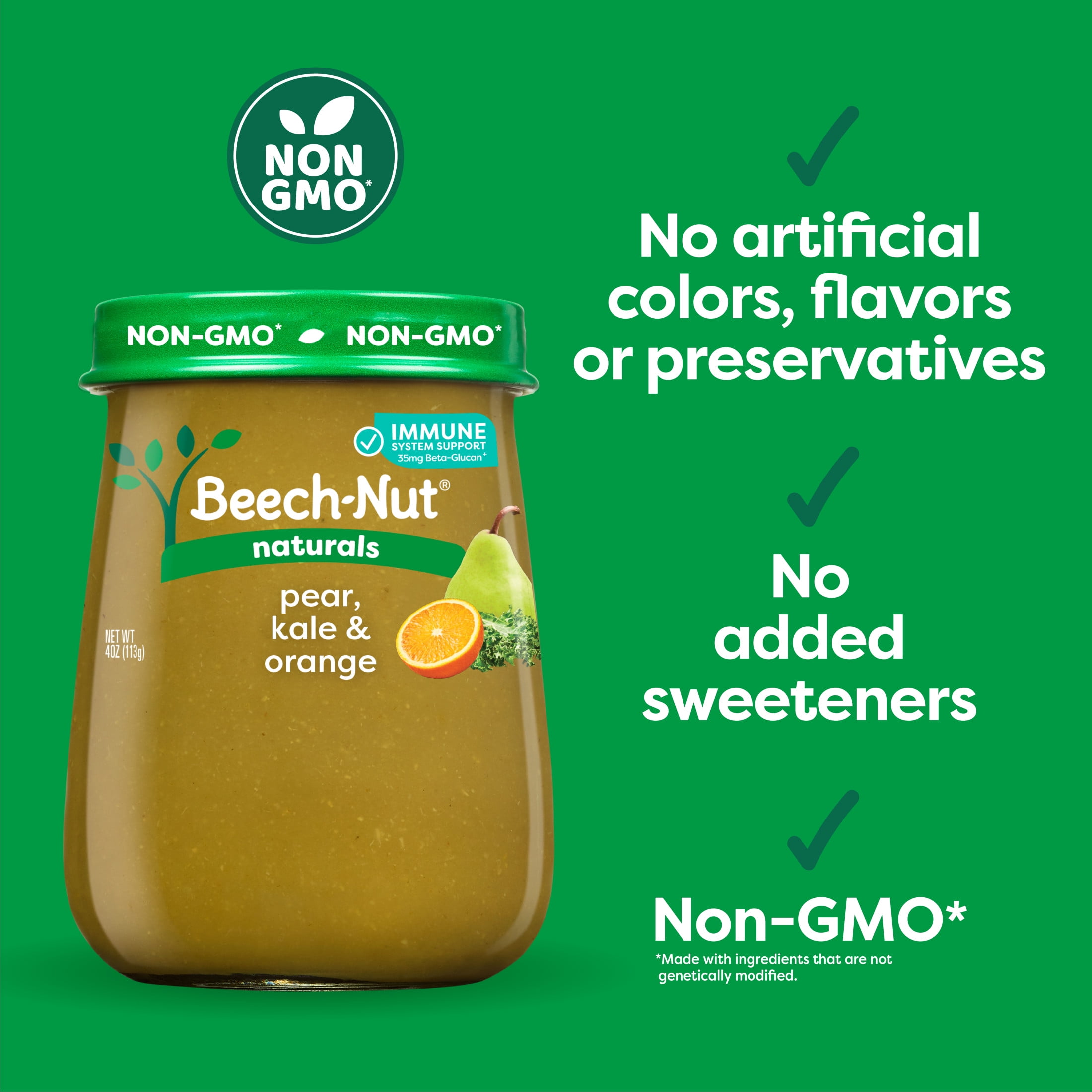 Beech-Nut Naturals Immune Support Stage 4 Baby Food, Pear Kale & Orange, 4 oz Jar (10 Pack)