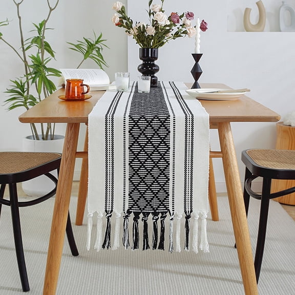 1X Wallpaper Table Runner With Fringe Black & Woven Washable Console Tabletop Runner Dresser Scarf Farmhouse Extra Long Heavy Cotton Table Topper Table Cloth
