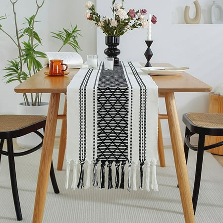 

HANXIULIN Table Runner With Fringe Black & Woven Washable Console Tabletop Runner Dresser Scarf Farmhouse Extra Long Heavy Cotton Table Topper 34*183cm