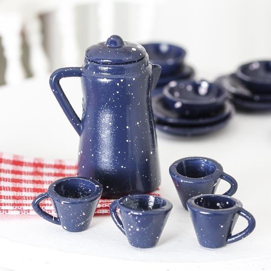 Dollhouse Miniature Blue & White Enamelware Coffee Cups & Holder 5 pcs 