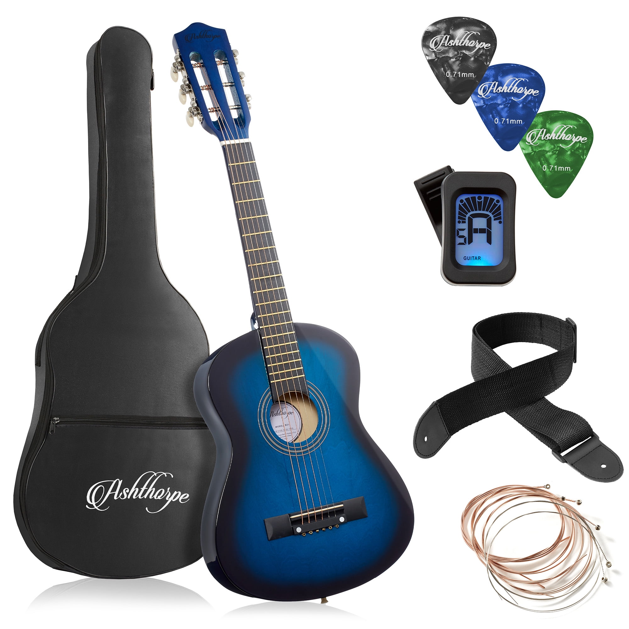 38 Left Handed Blue Wood Guitar With Case and Accessories for Kids/Boys/Teens/Beginners NEW 
