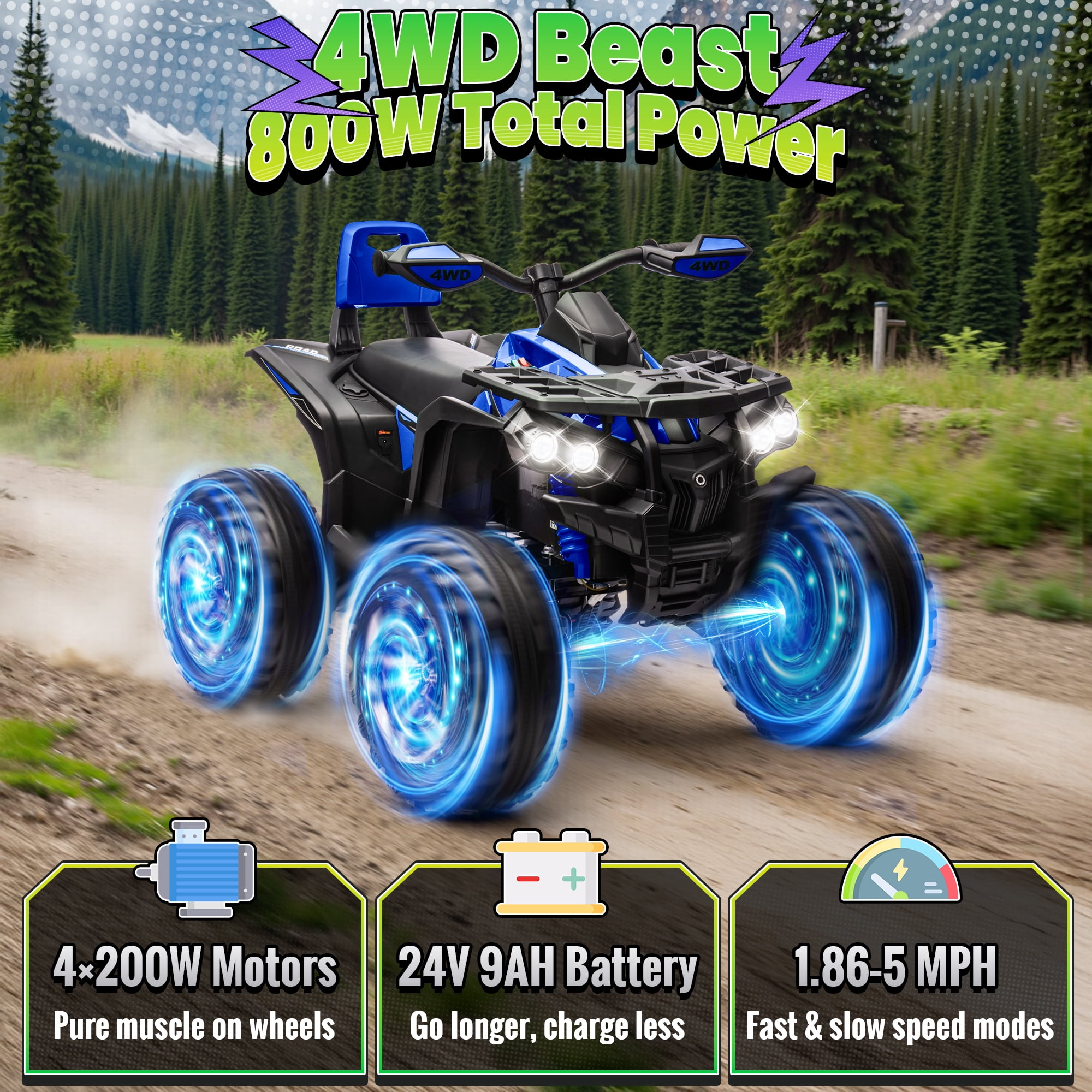 Joyracer 4WD ATV for Kids, 24 Volt Ride on Toys with Remote, Power Car Wheels, Outdoor Gift with 800W Motor, Bluetooth Music, Horn, LED, Blue