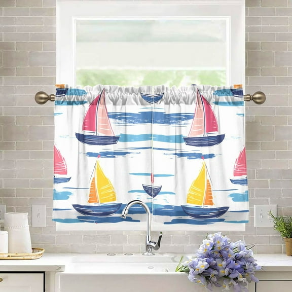Yayeee Kitchen Curtains Tier Pair Light Filtering 27"x36" Rod Pocket Short Cafe Window Panel, Pink Hand Drawn Sailboats