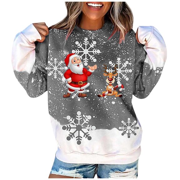 Black_Friday Deals 2024 Cyber_Monday Deals Dianli Christmas Tops for Women Long Sleeve Round Neck Xmas Snowflake Print Christmas Tops Fashion Casual Loose Sweatshirts Comfy Y2K Going Out Tops