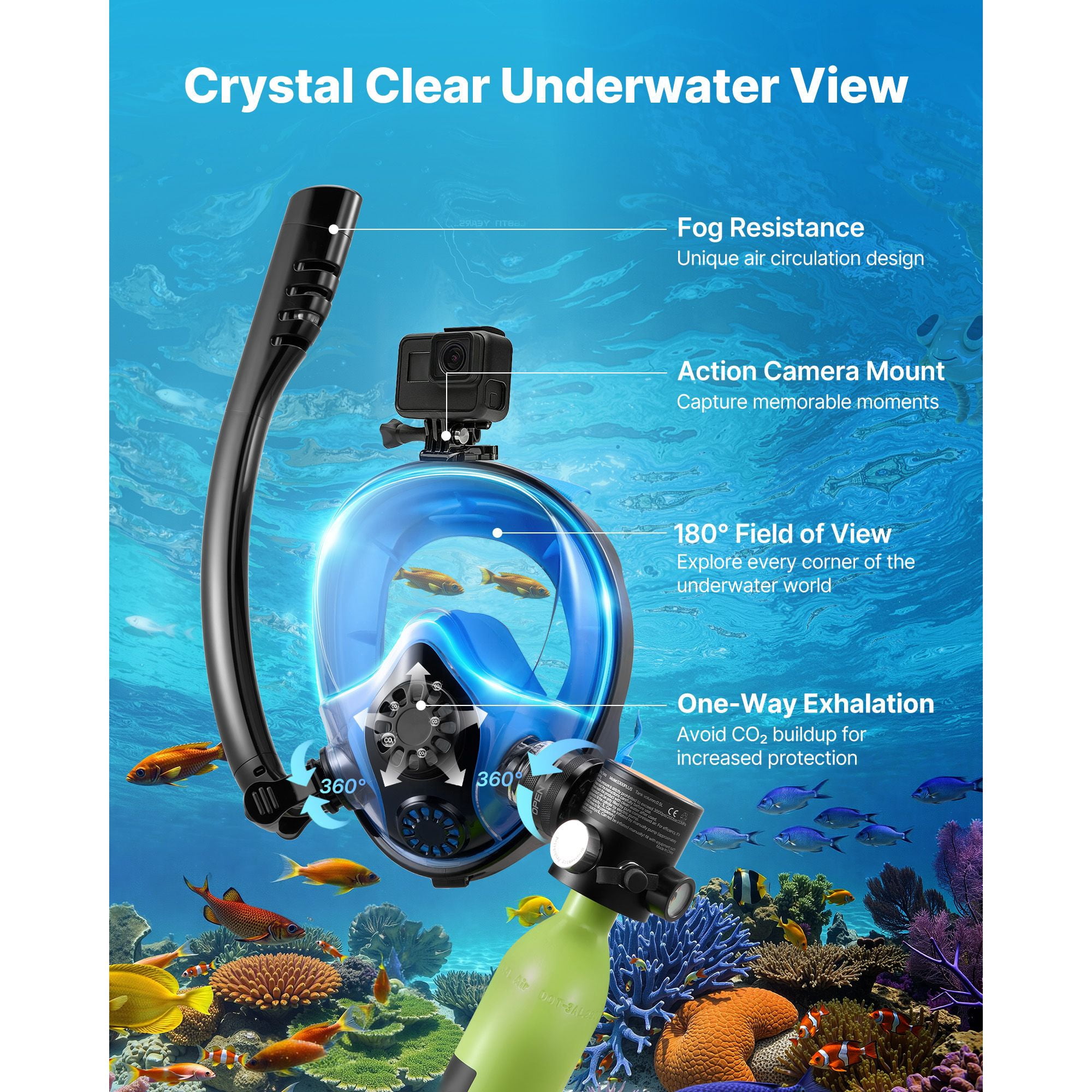 Mini Scuba Diving Tank Set, 0.5L Tank, Full-Face Mask, 5-10 Minutes Breathing Time, 180° Panoramic View, Aviation-Grade Aluminum, for Snorkeling & Shallow Water Exploration
