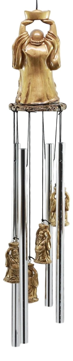 Ebros Feng Shui Lucky Buddha With Golden Nugget Wind Chime 23" Long Resin Crown With Aluminum Rods Fortune Buddha Hotei Wind Chime Home Patio Garden Decor