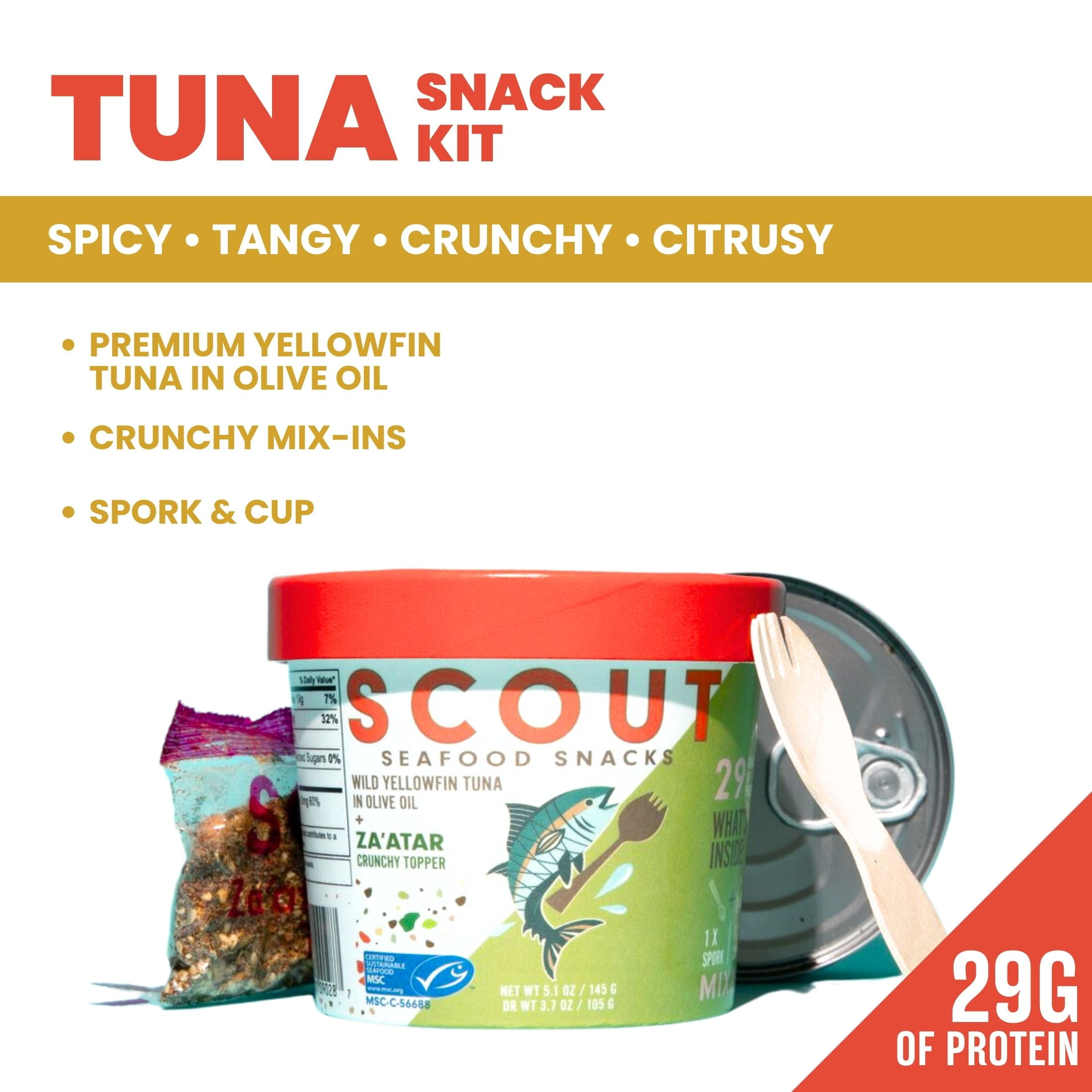 (2 pack) Scout Tuna Snack Kit, Za'atar, Wild Yellowfin Tuna + Crunchy Mix-in for 29g of Protein on the Go with Spork, 5.1oz Cup