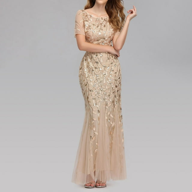 SMihono Robe Maxi Bohème d'Été pour Femmes Grande Taille Robe Longue à Manches Courtes Col Rond Couleur Unie Robe de Soirée Slim Robe de Plage