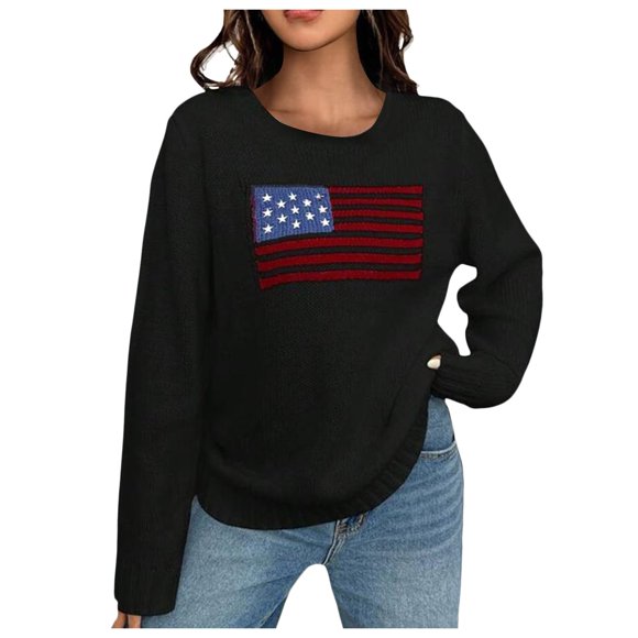 Kcodviy Womens Sweaters Tops Long Winter Sweater Women Sleeve Flag Usa Knit Mens Big and Tall Sweatshirt Memorial Day Loose Mens Sweatshirts Shirts