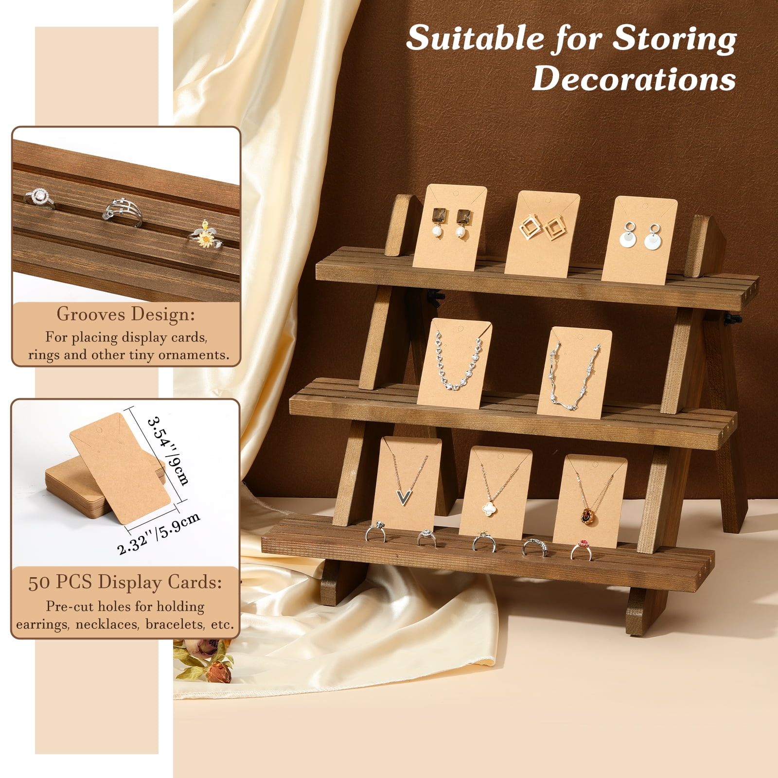 Emibele Wood Earring Display for Selling, 3-Tier Jewelry Display Stand for Vendors with 50 Earring Cards, Portable Earring Ring Organizer Holder