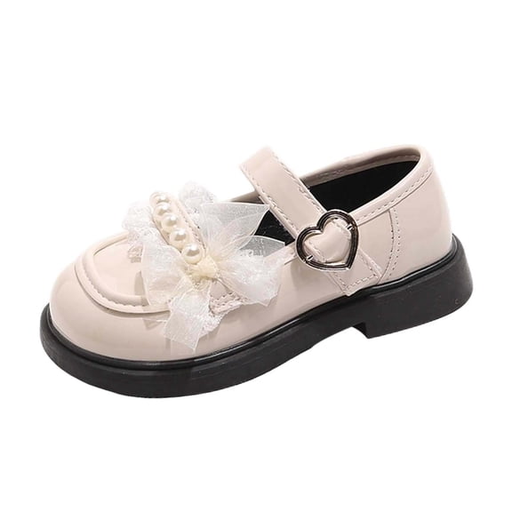 Owordtank Girls Mary Jane Dress Shoes with Pearls, PU Leather Flats Boots School Uniform Princess Shoes