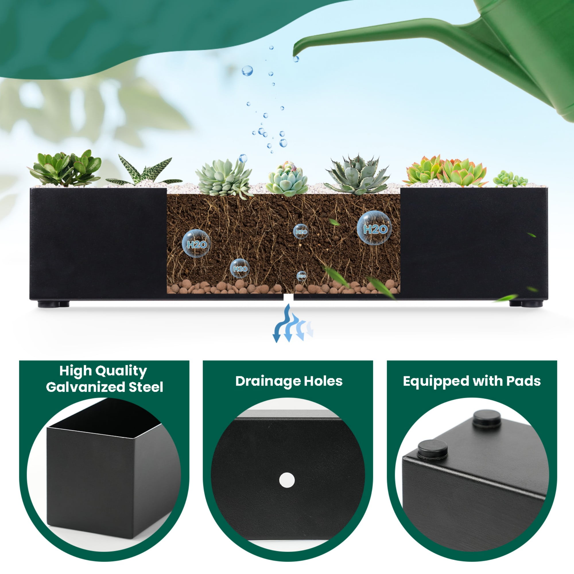 Metal Steel 16" Window Box Rectangular Succulent Planter Box Table Sill Plant Pots Modern Long Durable for Small Herb with Drainage Hole for Indoor Outdoor, with 4 Free Rubber Mats, Black