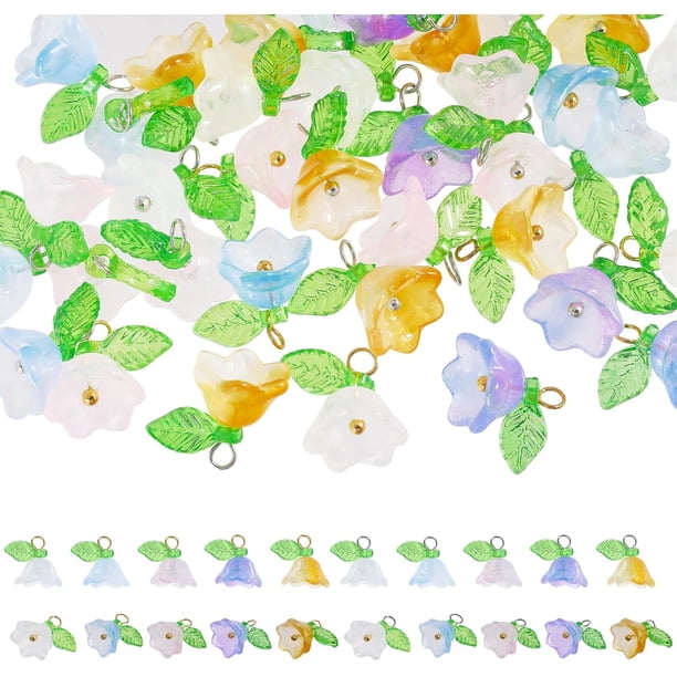 100 unidades de colgantes de cristal con forma de campana y flor, en 10 estilos diferentes. Colores surtidos. Ideales para la creación de bisutería.