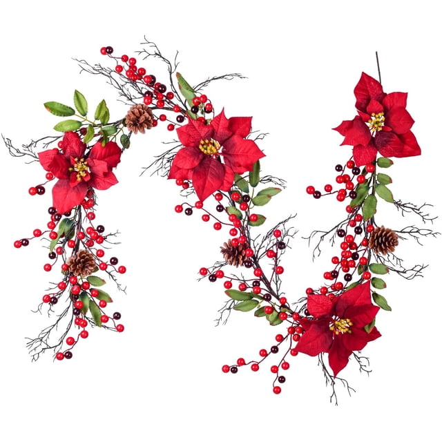 Guirnalda de flor de Pascua de Navidad de 180 cm, corona de flor de Pascua de Navidad con bayas rojas artificiales con hojas de acebo de piña para chimenea, escalera, mesa de cena, decoración artesana kaili Sencillez