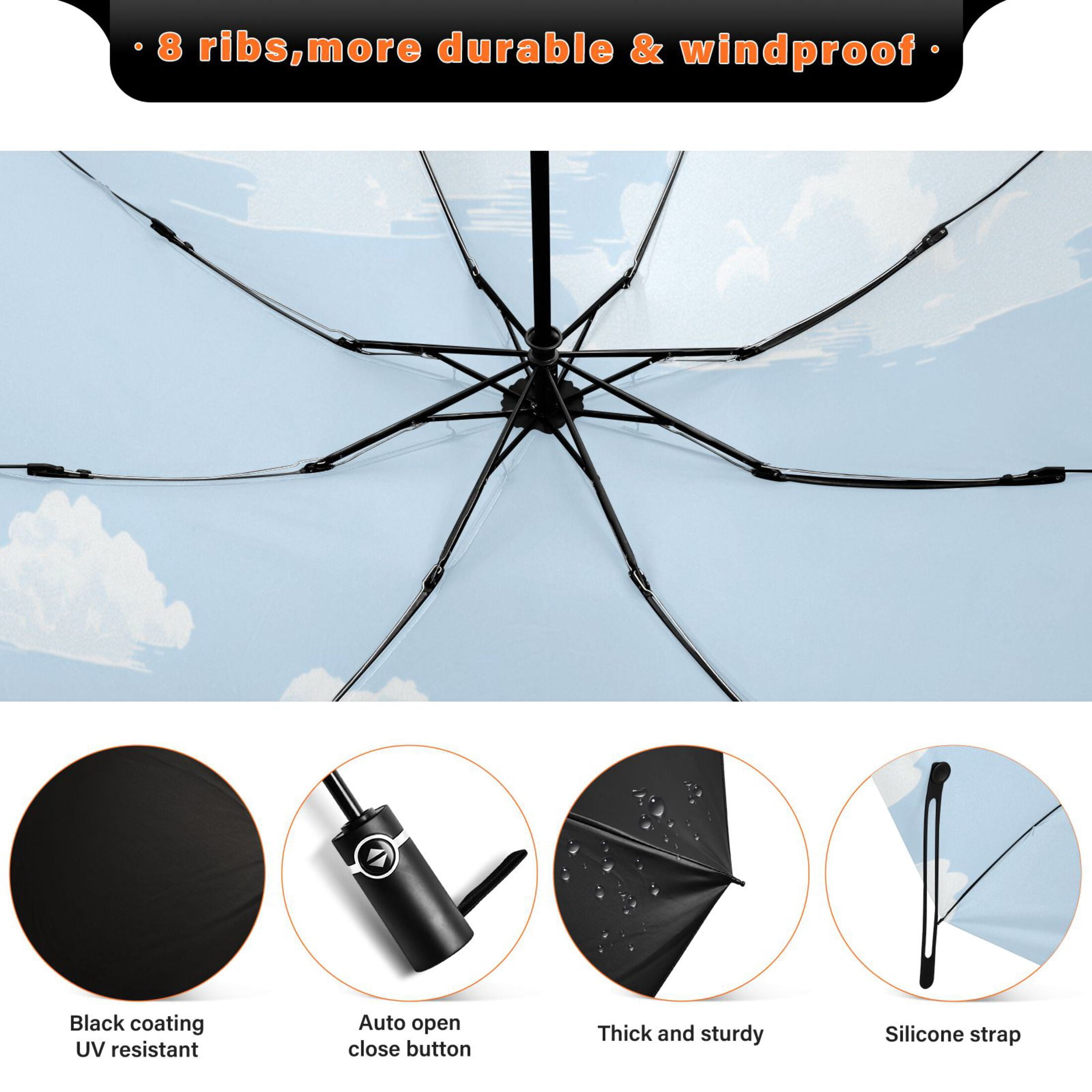 Fluffy Clouds Extra Large Automatic Umbrella, UV Protection, Waterproof, Auto Open and Close