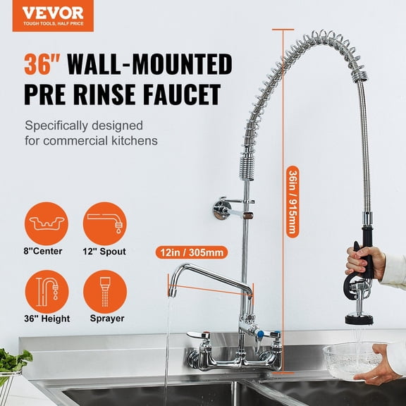 Heavy Duty Brass Pre-Rinse Faucet, 36" Height, 8" Centerset, 12" Swing Spout, Wall Mount Commercial Sink Faucet with Pull Down Spray for 1/2/3 Bay