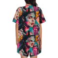 thumbnail image 6 of Fuzoiu Vibrant Street Art Portrait Print Women's Short-Sleeved Pajama Set,Lounge Sleepwear Set,Womens Pajama Sets 2 Piece,Button-Up Top and Shorts with Pockets-Small, 6 of 7
