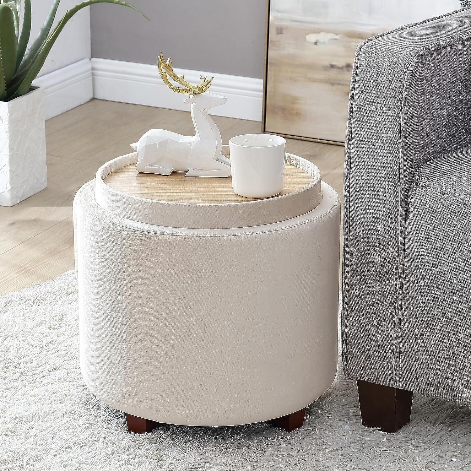 Ornavo Home Lawrence Round Storage Ottoman with Lift Off Lid and Tray