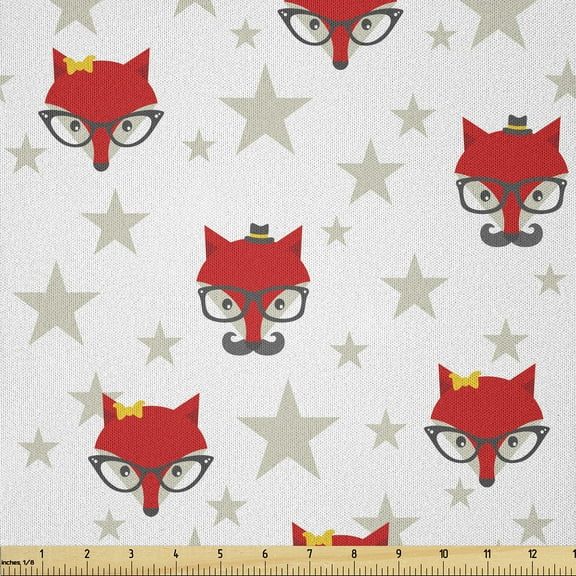 Ambesonne Cartoon Fabric by the Yard Microfiber, Hipster Foxes Hats, 1 Yard, Coconut Scarlet and Grey
