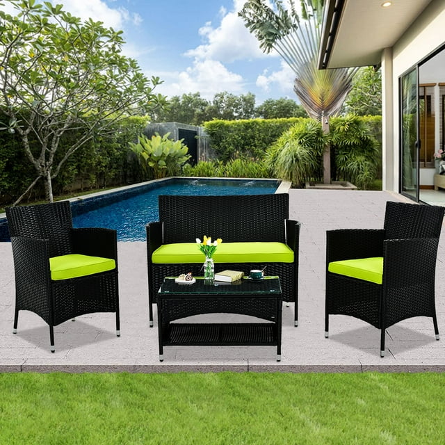 4-Piece Patio Furniture Sets in Patio & Garden, Outdoor Wicker Sofa PE Rattan Chair Garden Conversation Set, Patio Set for Backyard with 2 Single Sofa, 1 Loveseat, Tempered Glass Table, Q16564