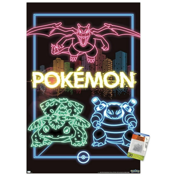 Pokémon - Neon Group Wall Poster, 14.725" x 22.375" Framed