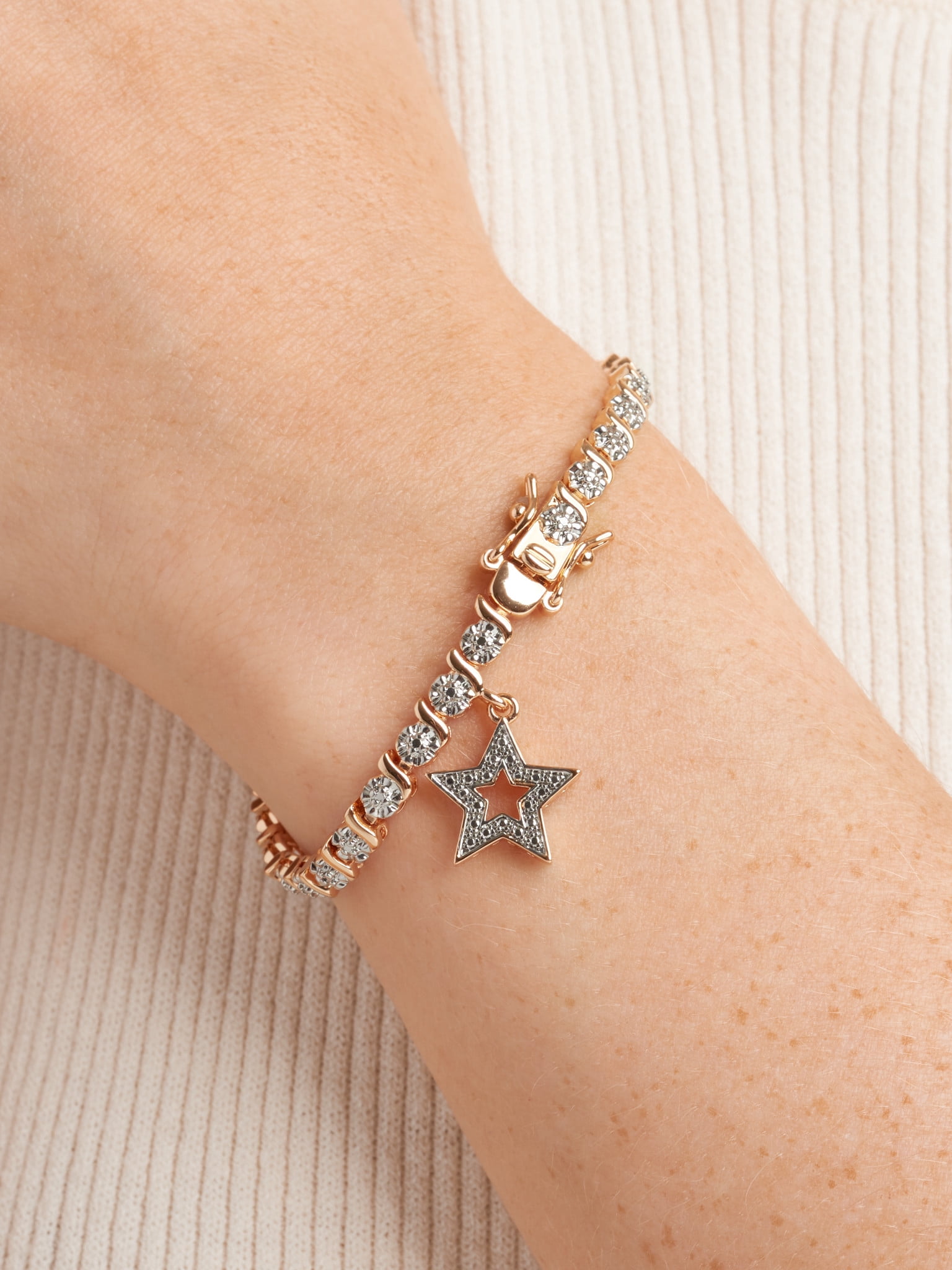 14K Rose Gold Plated Diamond Accent Star Charm Tennis Bracelet, 7.25"