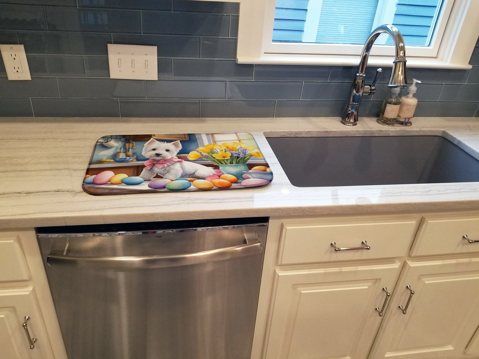 Decorating Easter Westie Dish Drying Mat