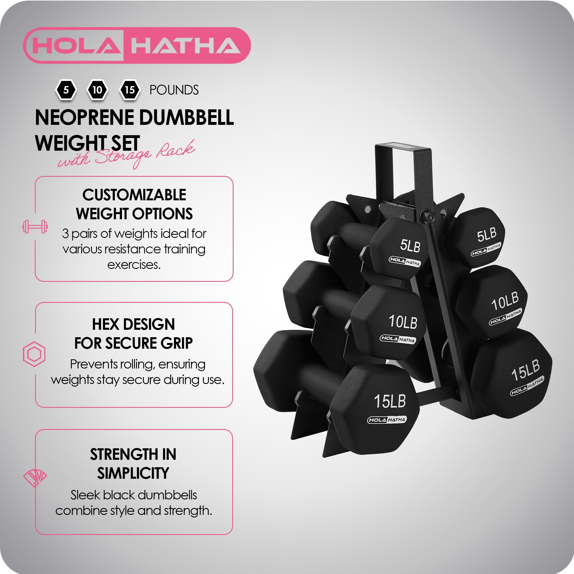 HolaHatha Neoprene Dumbbell Free Hand Weight Set & Rack, 5,10,15 lb