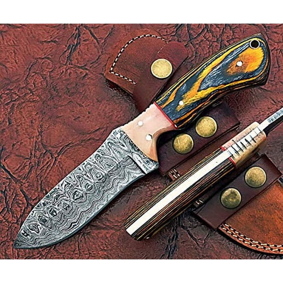 9" Long Hand Forged rain Drop Pattern Damascus Steel Skinning Knife, 4.5" Full Tang Hand Forged Blade, Multi Color Wood Scale, Cow Hide Leather Sheath with Belt Loop