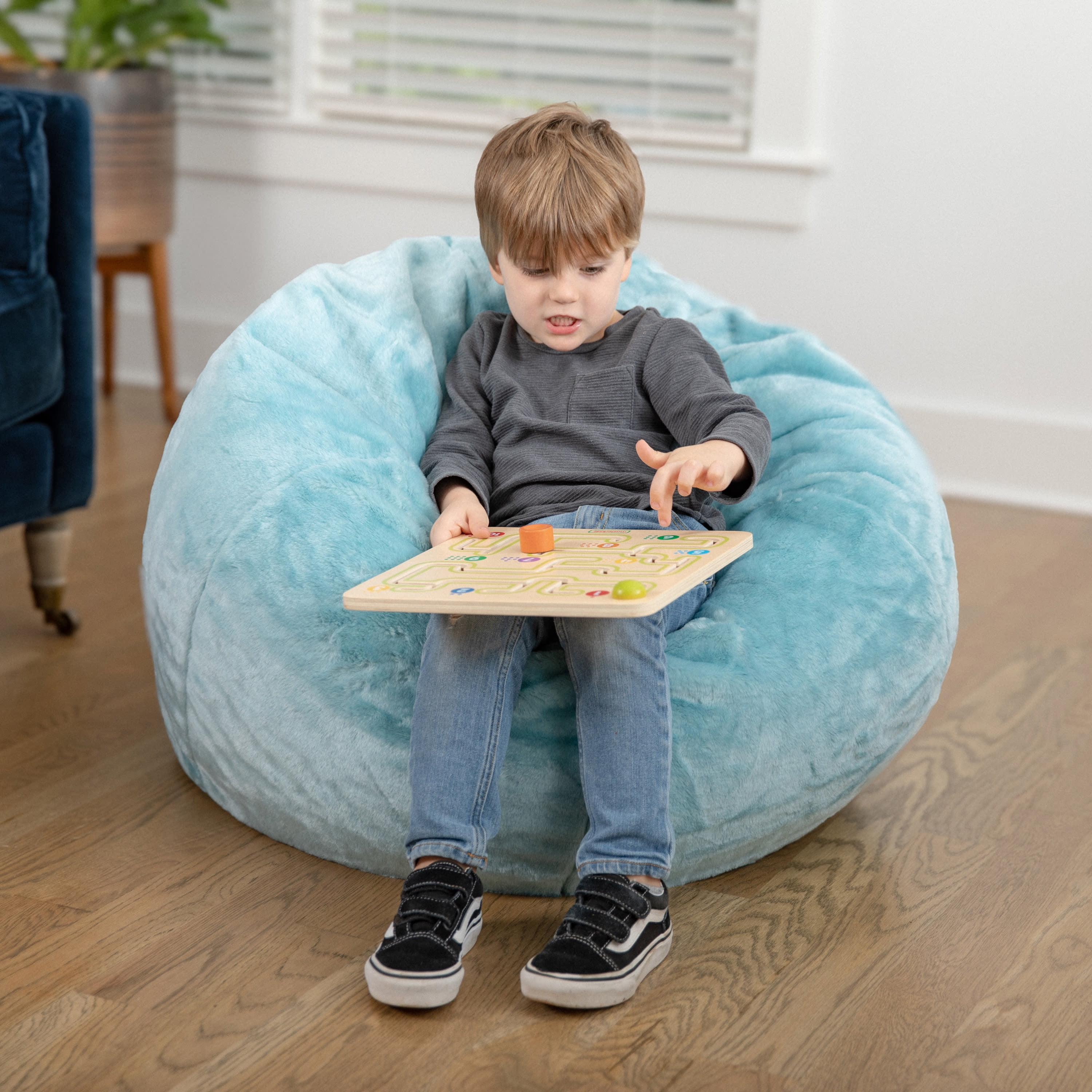 Emma + Oliver Small Teal Furry Refillable Bean Bag Chair for Kids
