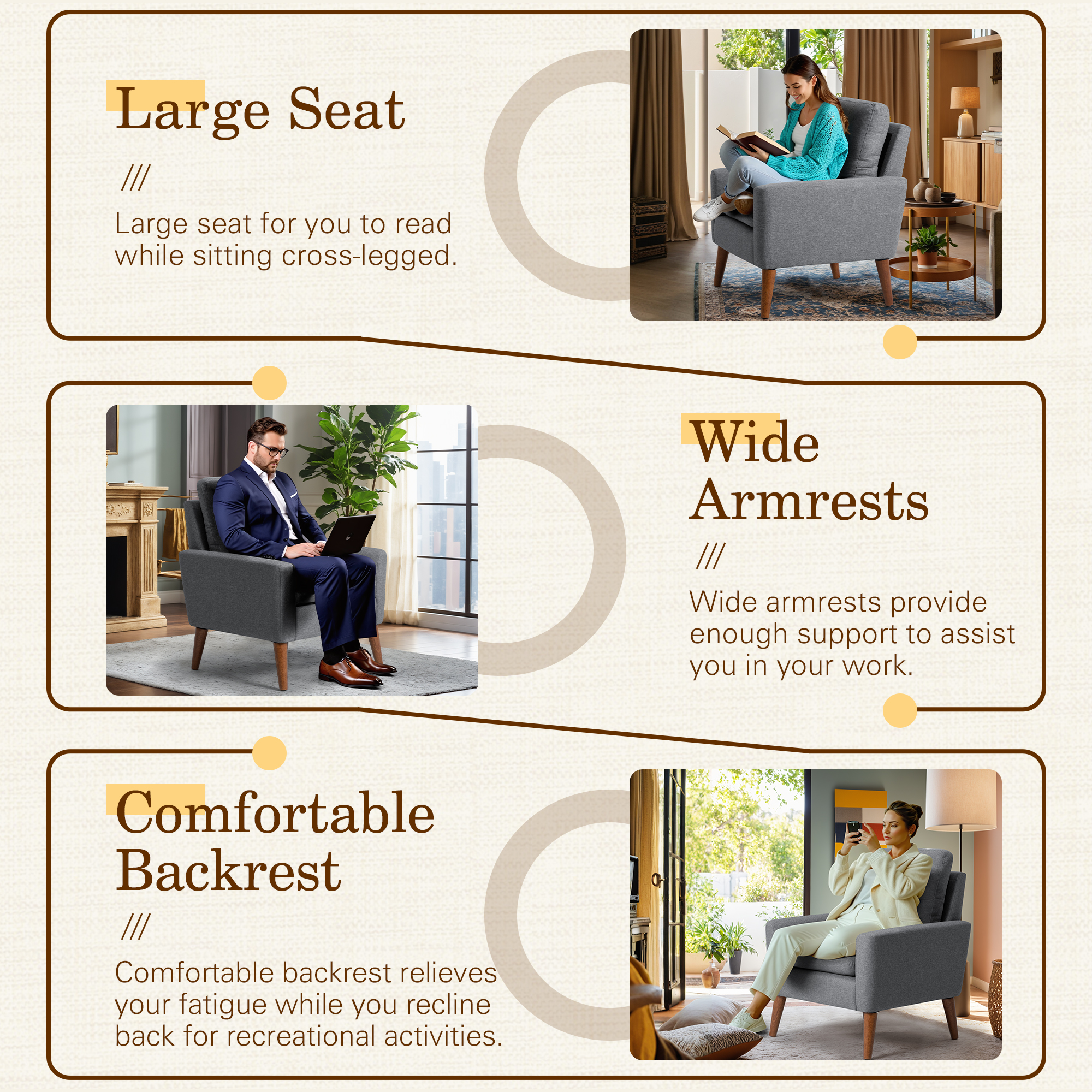 Homall Accent Chair Mid Century Modern Fabric Upholstered Tufted Armchair Wood Legs Lounge Chair for Living Room,Set of 2,Gray
